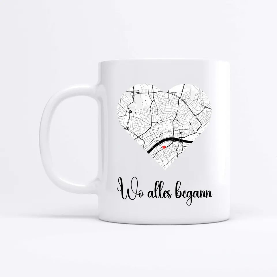 Wo alles begann Tasse – Detailansicht personalisierte Paar-Tasse