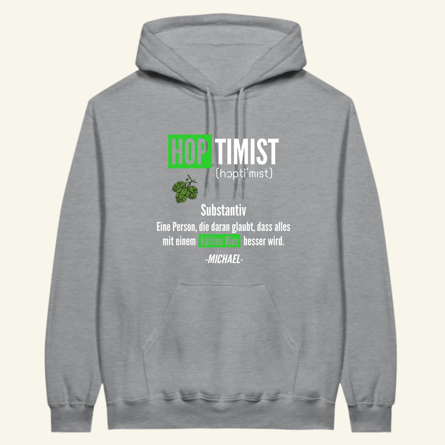 Hoptimist Bier Hoodie – Tragebeispiel personalisiertes Bier-Geschenk für Bierfans