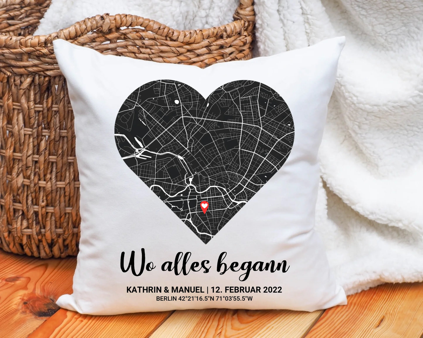 Wo alles begann Kissen personalisiert – Romantisches Paar-Kissen mit Koordinaten & Datum