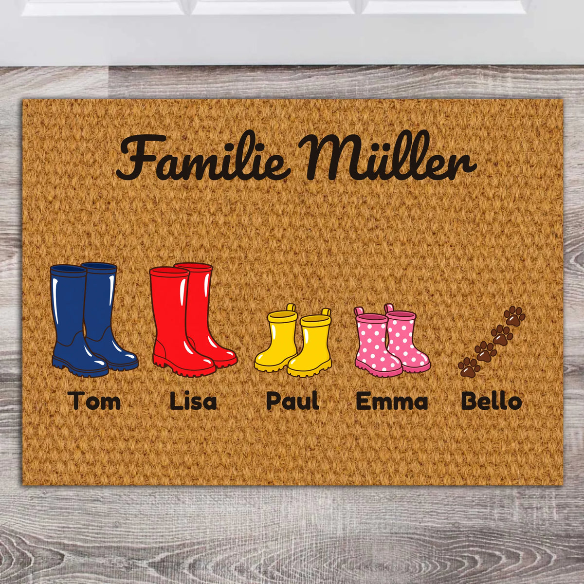 Personalisierte Gummistiefel Fußmatte für die Familie mit Namen vor der Haustür
