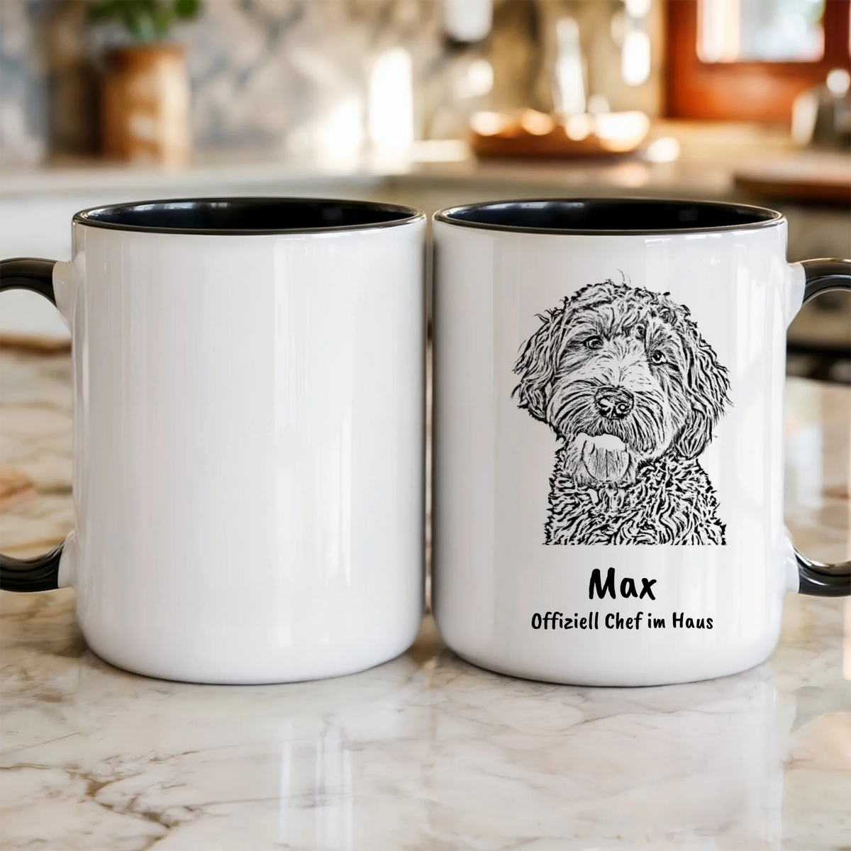 Tierportrait Tasse personalisiert mit Foto – zwei Tassen auf der Küchentheke