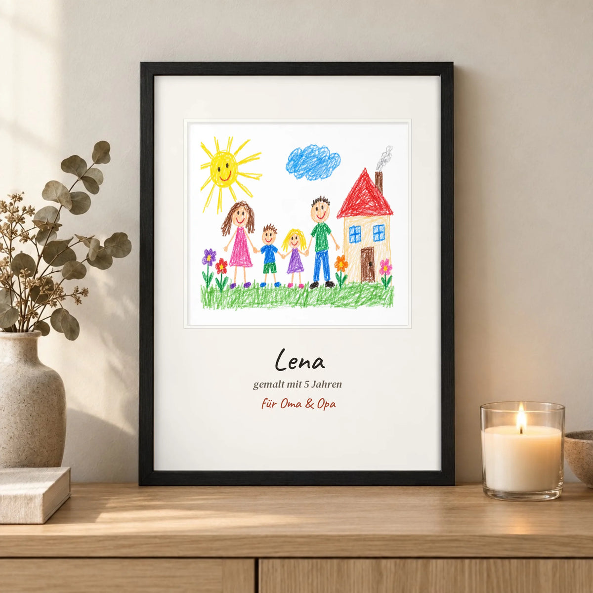 Kinderzeichnung im schwarzen Bilderrahmen – Geschenk für Oma und Opa