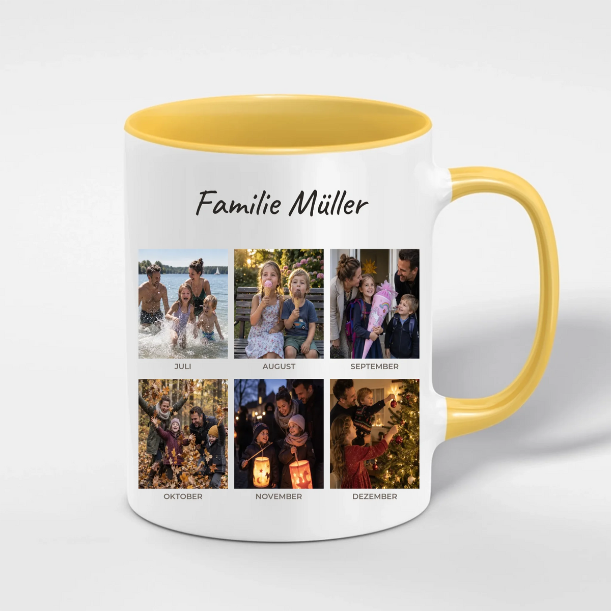 Unser Jahr 2026 Tasse personalisiert mit 12 Monatsfotos und Familienname – Henkel und Innenseite in Gelb