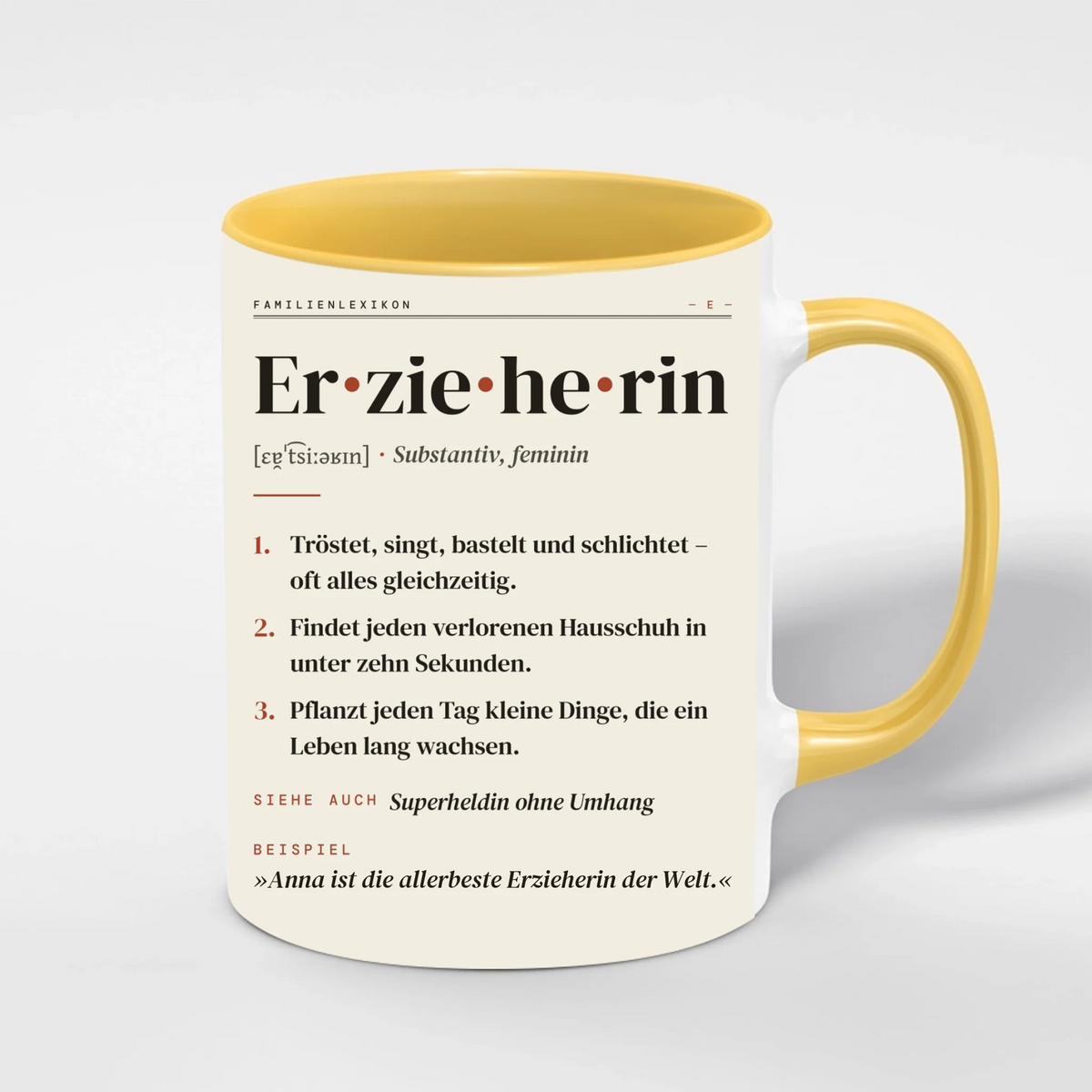 Erzieherin Definition Tasse personalisiert mit Namen – Innenfarbe Gelb