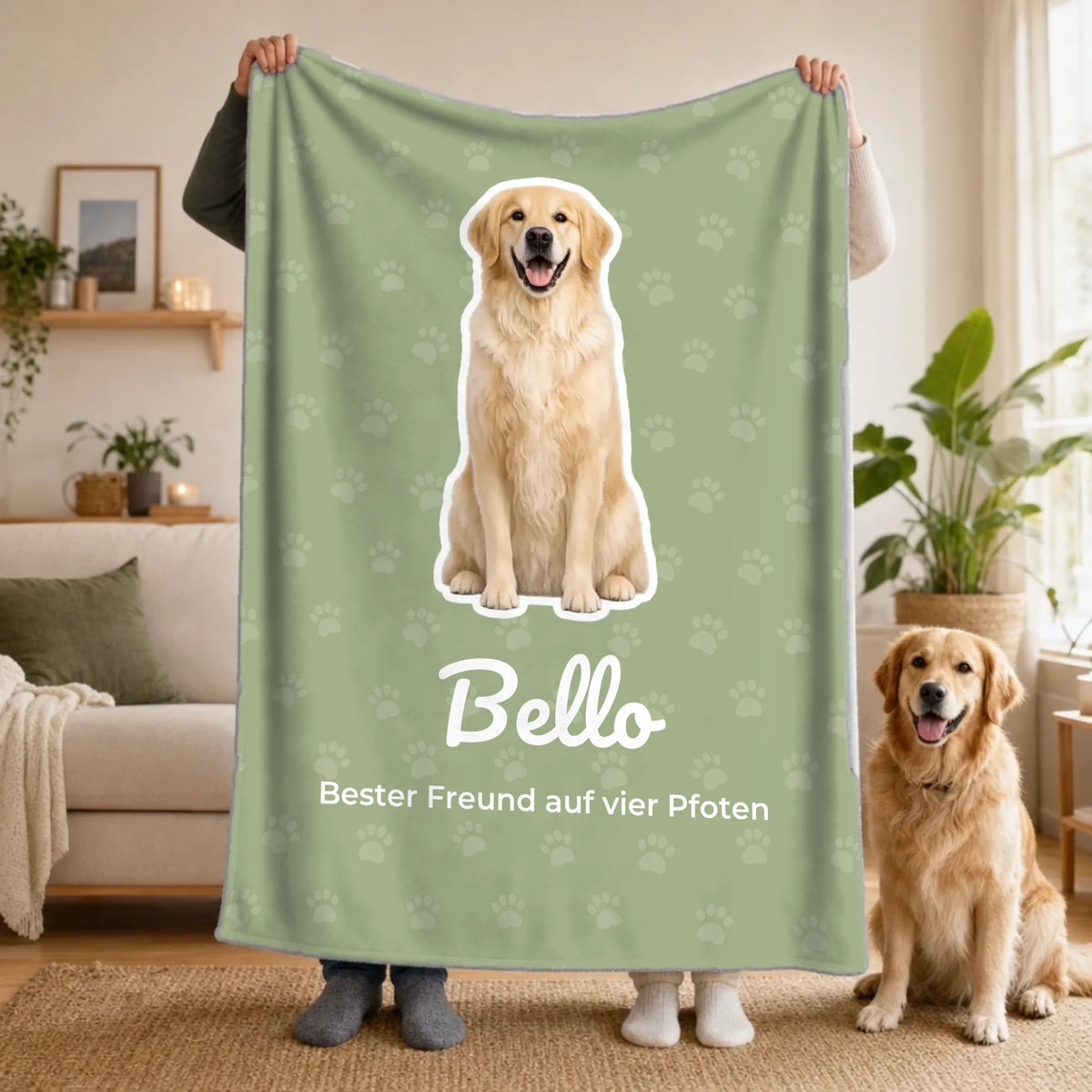 Personalisierte Haustier-Decke mit Foto und Name in den Händen gehalten – Premium-Plüsch 100x70 cm