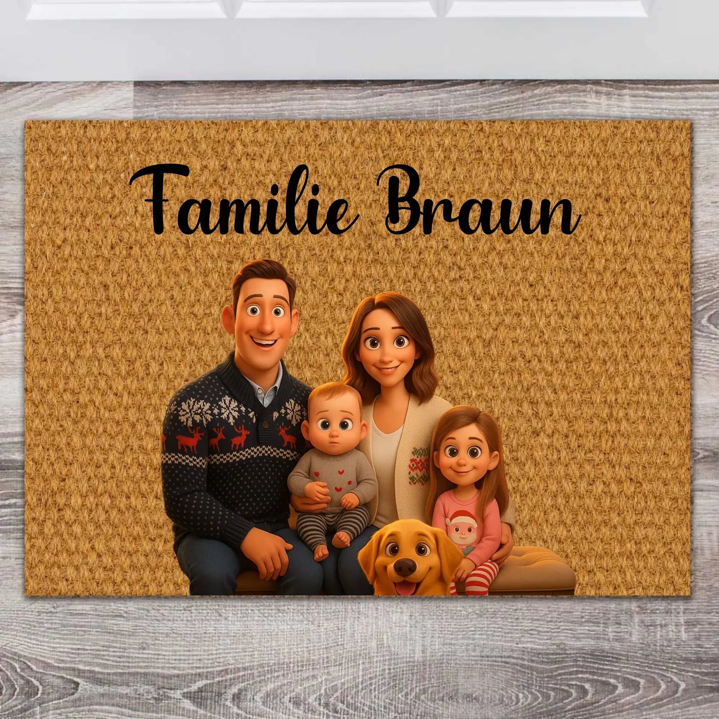 Familien Fußmatte Weihnachten – Personalisiert mit Foto im Cartoon-Stil