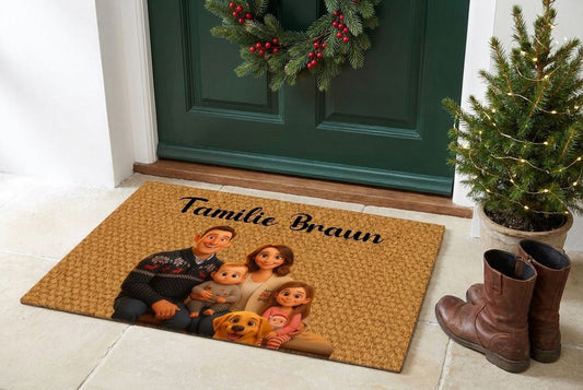Personalisierte Weihnachts-Fußmatte mit Familienfoto im Cartoon-Stil vor grüner Haustür mit Tannenkranz