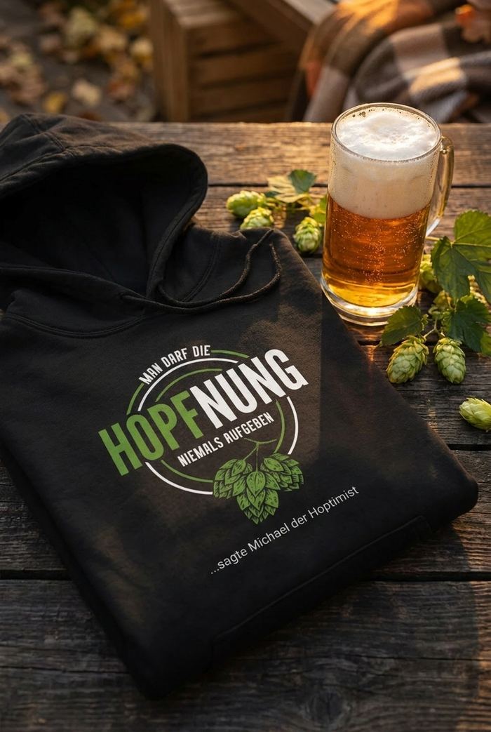 Personalisierter Hopfnung-Hoodie mit Wunschnamen auf einem Holztisch neben einem Glas Bier