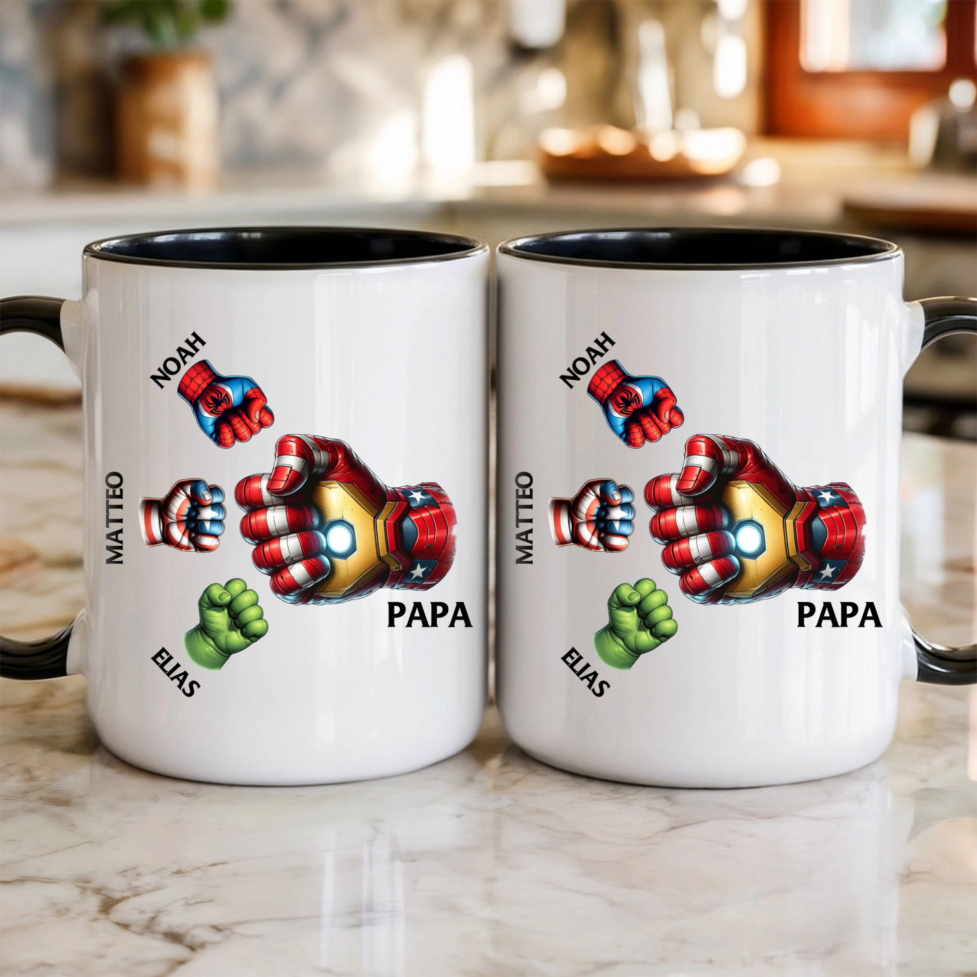 Personalisierte Papa Superhelden Tasse mit Kinderhänden & Namen – Geschenk für Papa