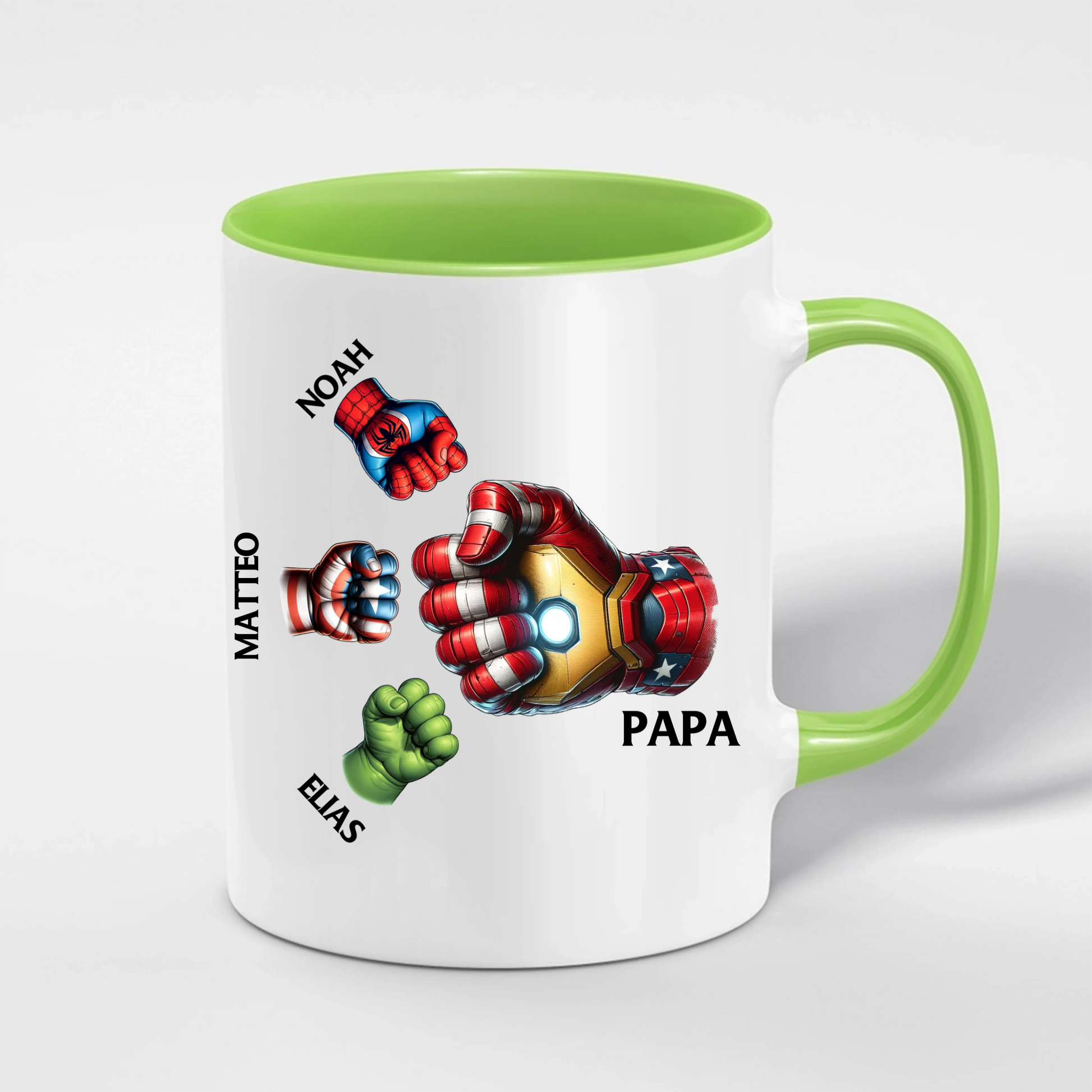Superhelden Papa Tasse – verschiedene Farbvarianten der personalisierten Tasse