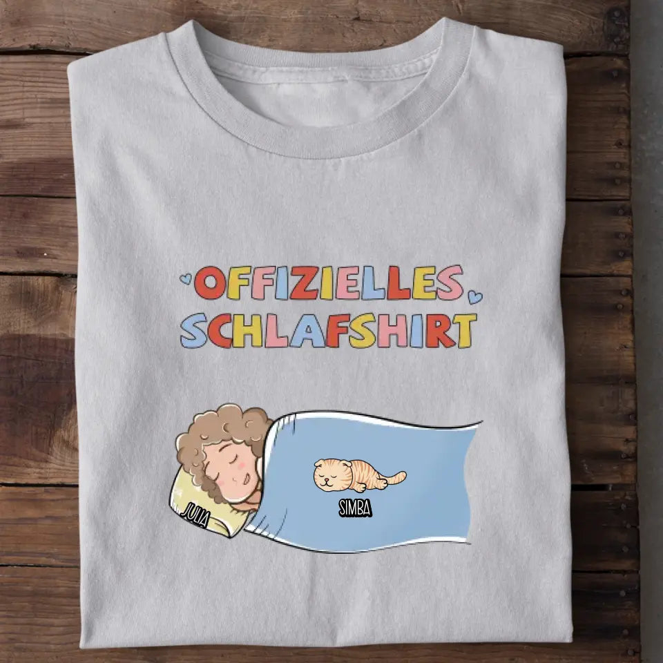 Offizielles Schlafshirt Katzenbesitzer – Detailansicht Aufdruck Katzen-Schlafshirt