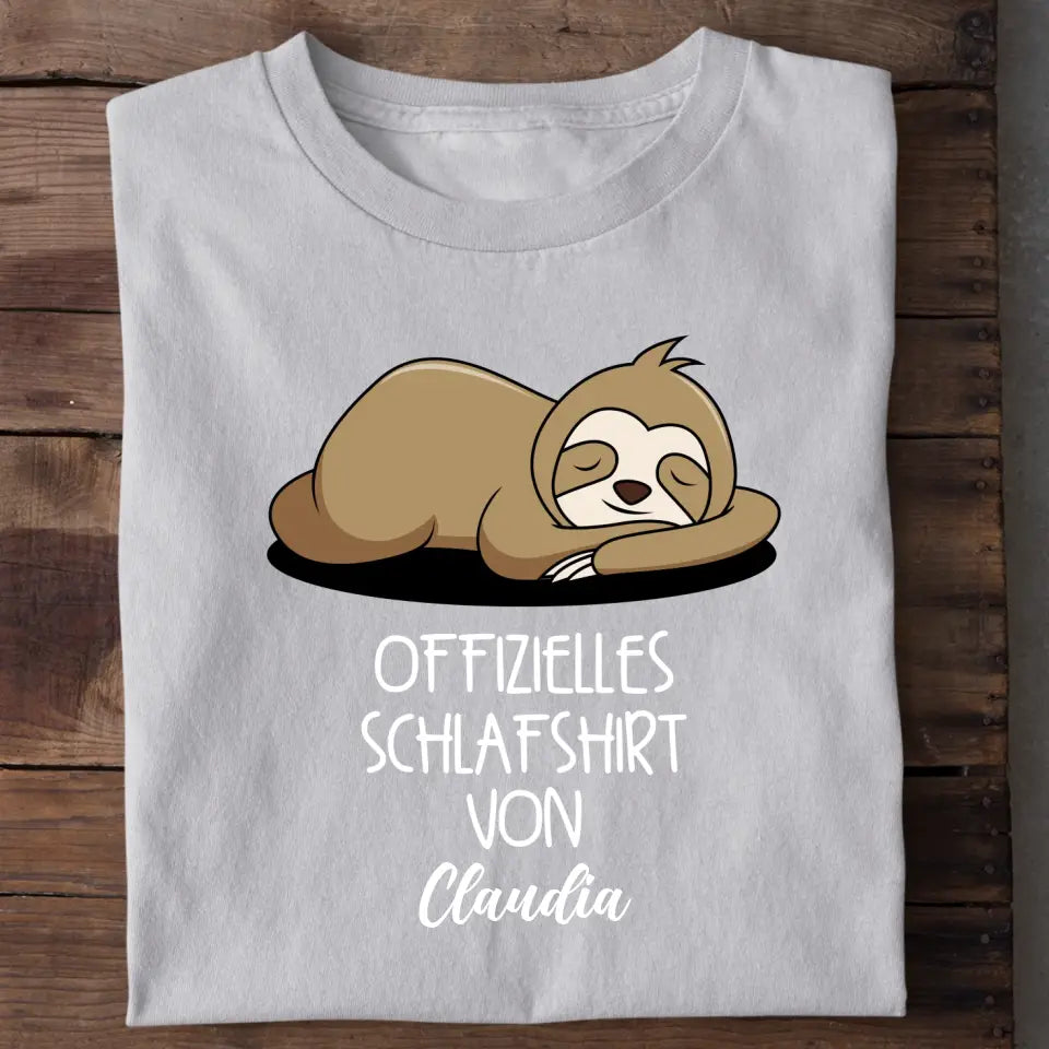 Offizielles Schlafshirt Faultier – Detailansicht Faultier-Aufdruck personalisiert