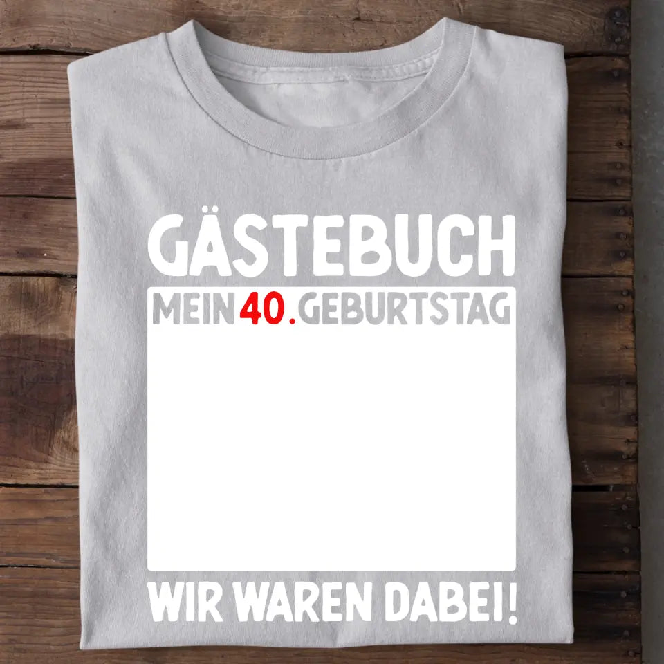 Gästebuch Geburtstags T-Shirt – Detailansicht personalisierter Aufdruck