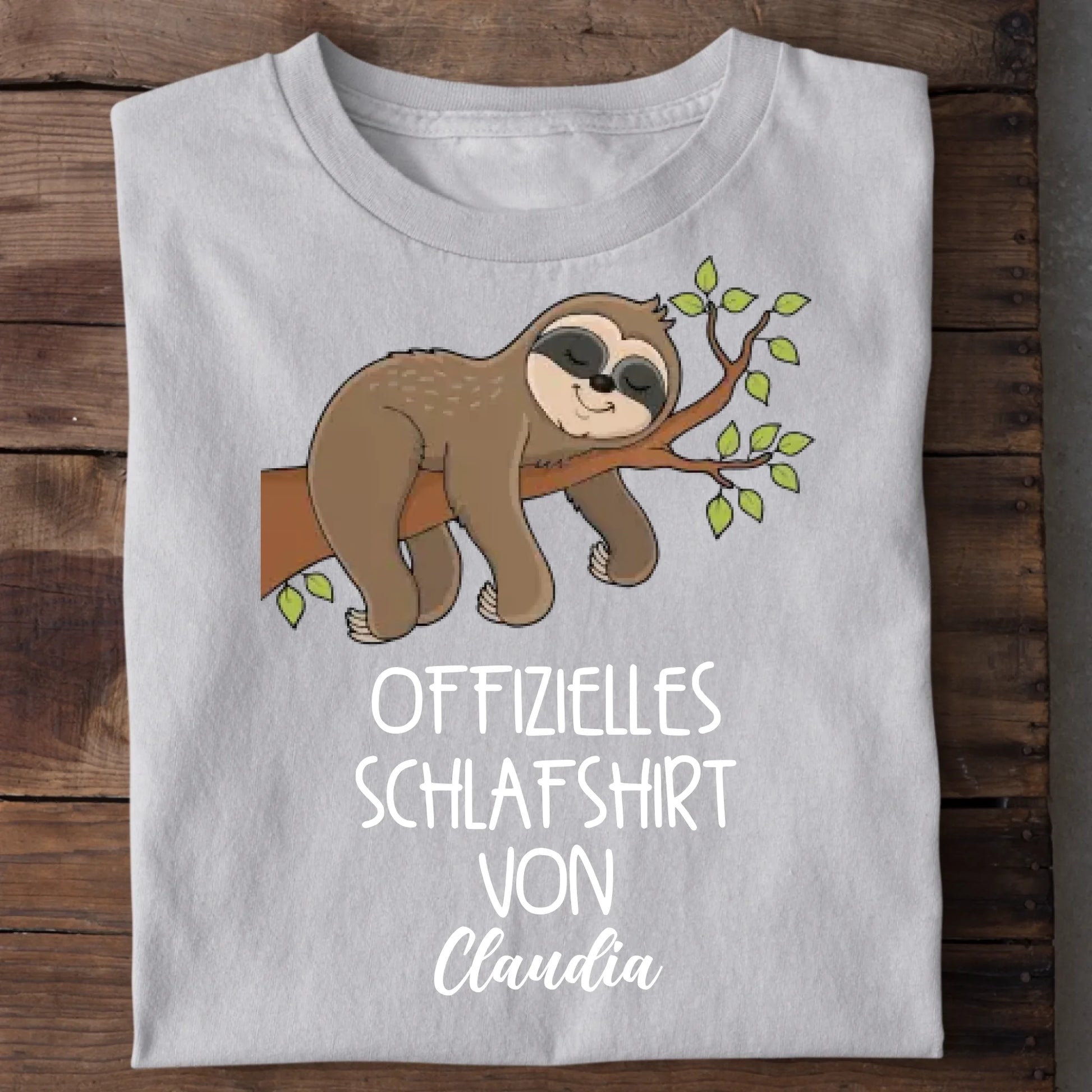 Offizielles Schlafshirt Faultier – Detailansicht Aufdruck Faultier Schlafshirt