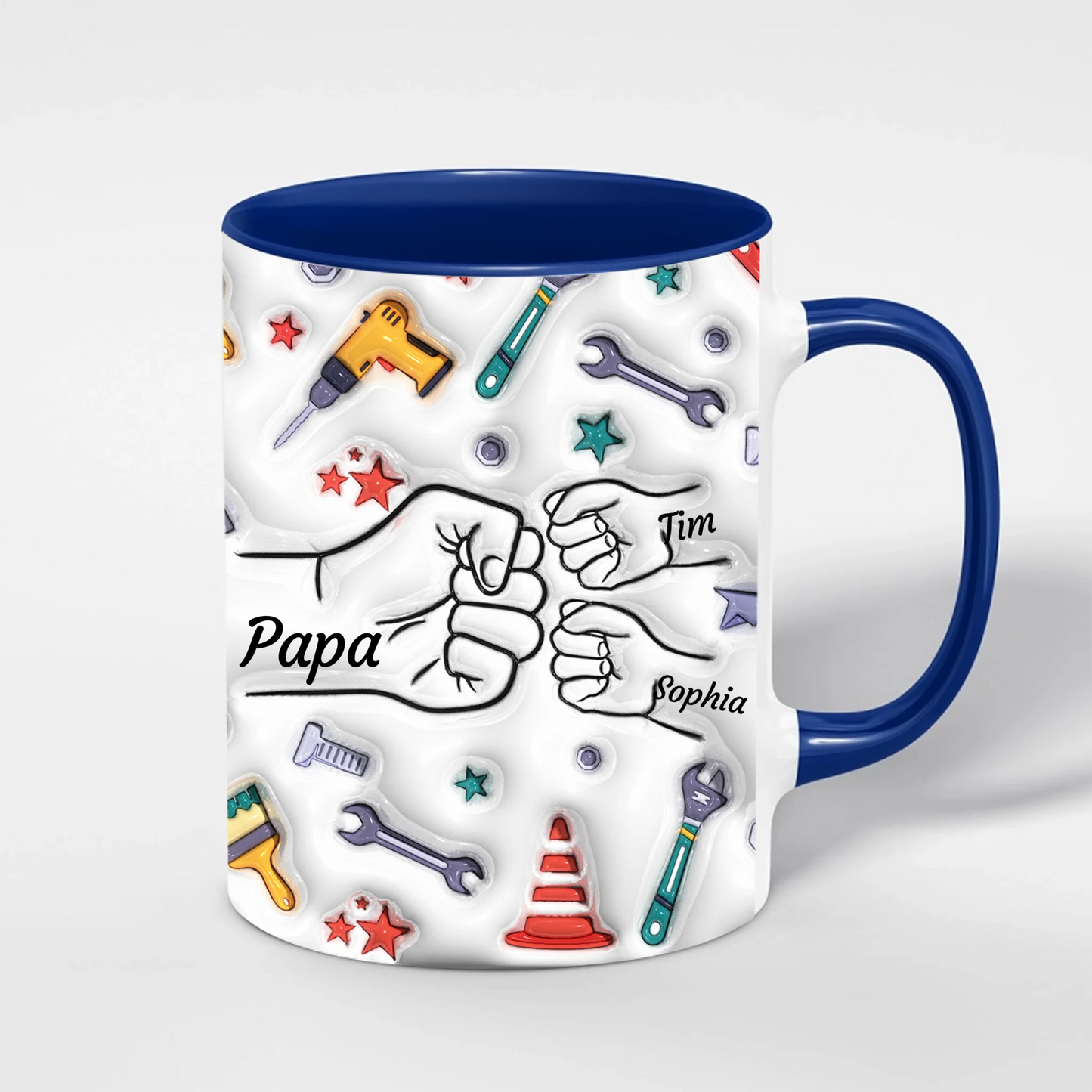 Papa Werkzeug Tasse – Detailansicht des personalisierten Handwerker-Motivs