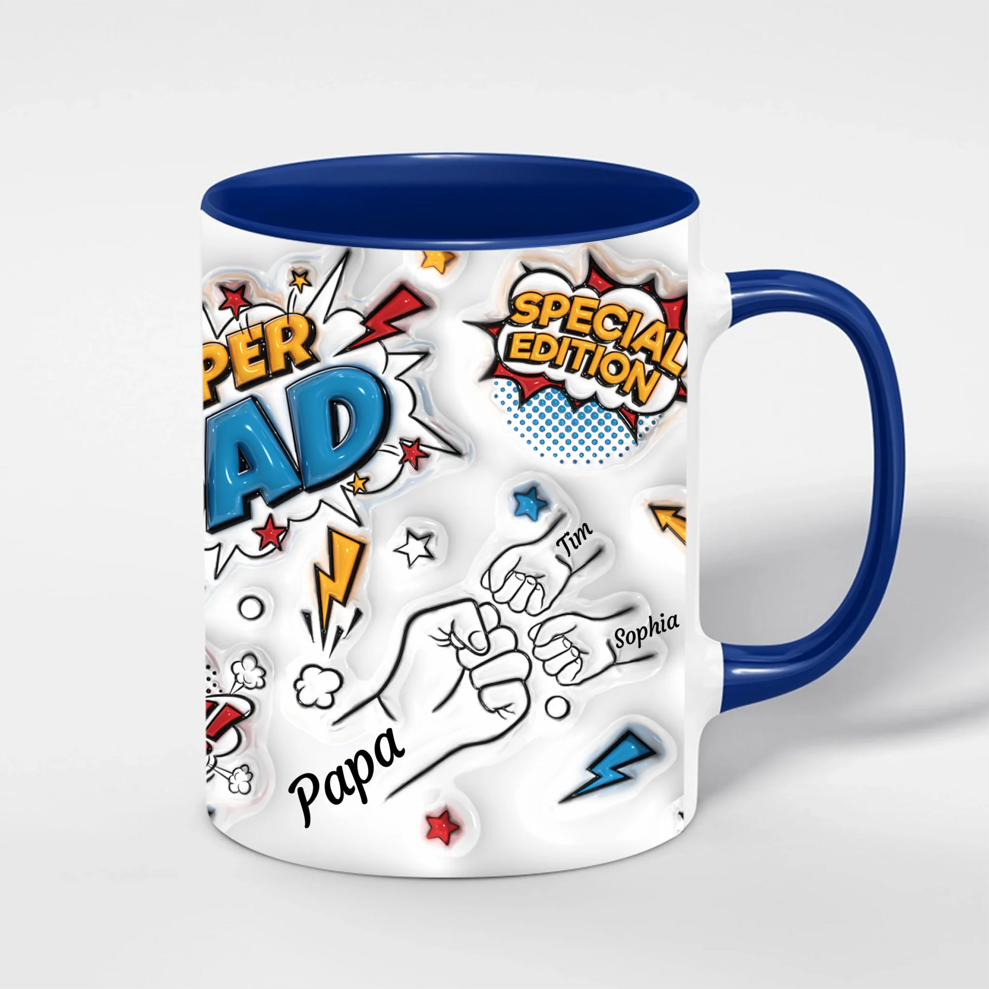 Super Dad Papa Tasse – Detailansicht des personalisierten Aufdrucks