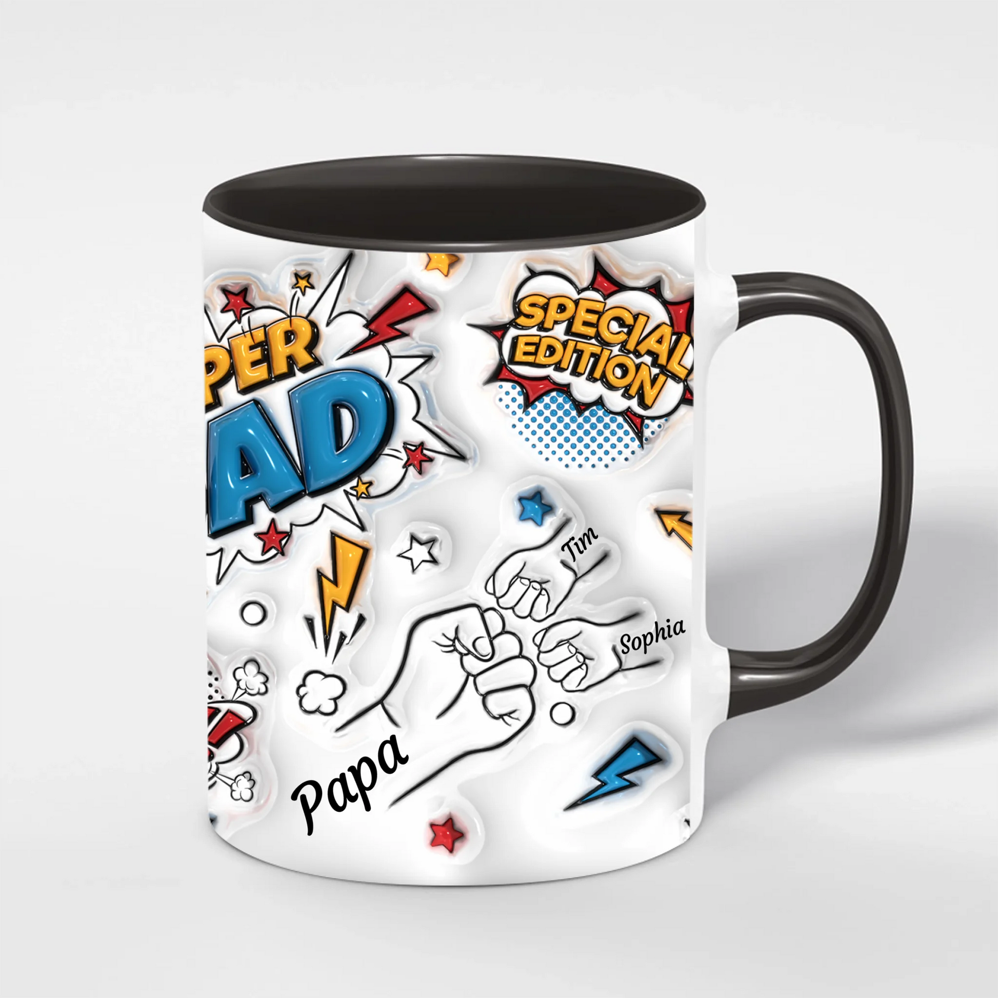 Super Dad Tasse personalisiert – Beispiel mit Kindernamen im Comic-Stil