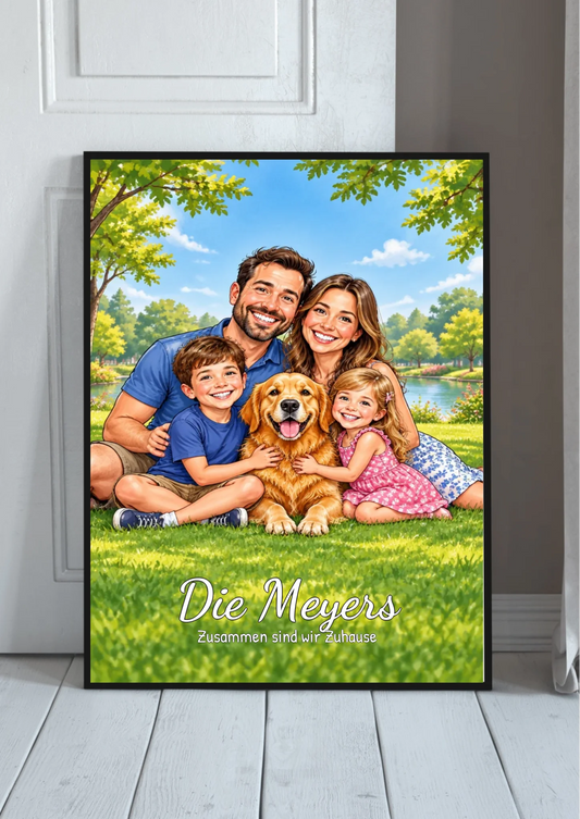 Familienposter Karikatur nach Foto – Personalisiert mit Familiennamen