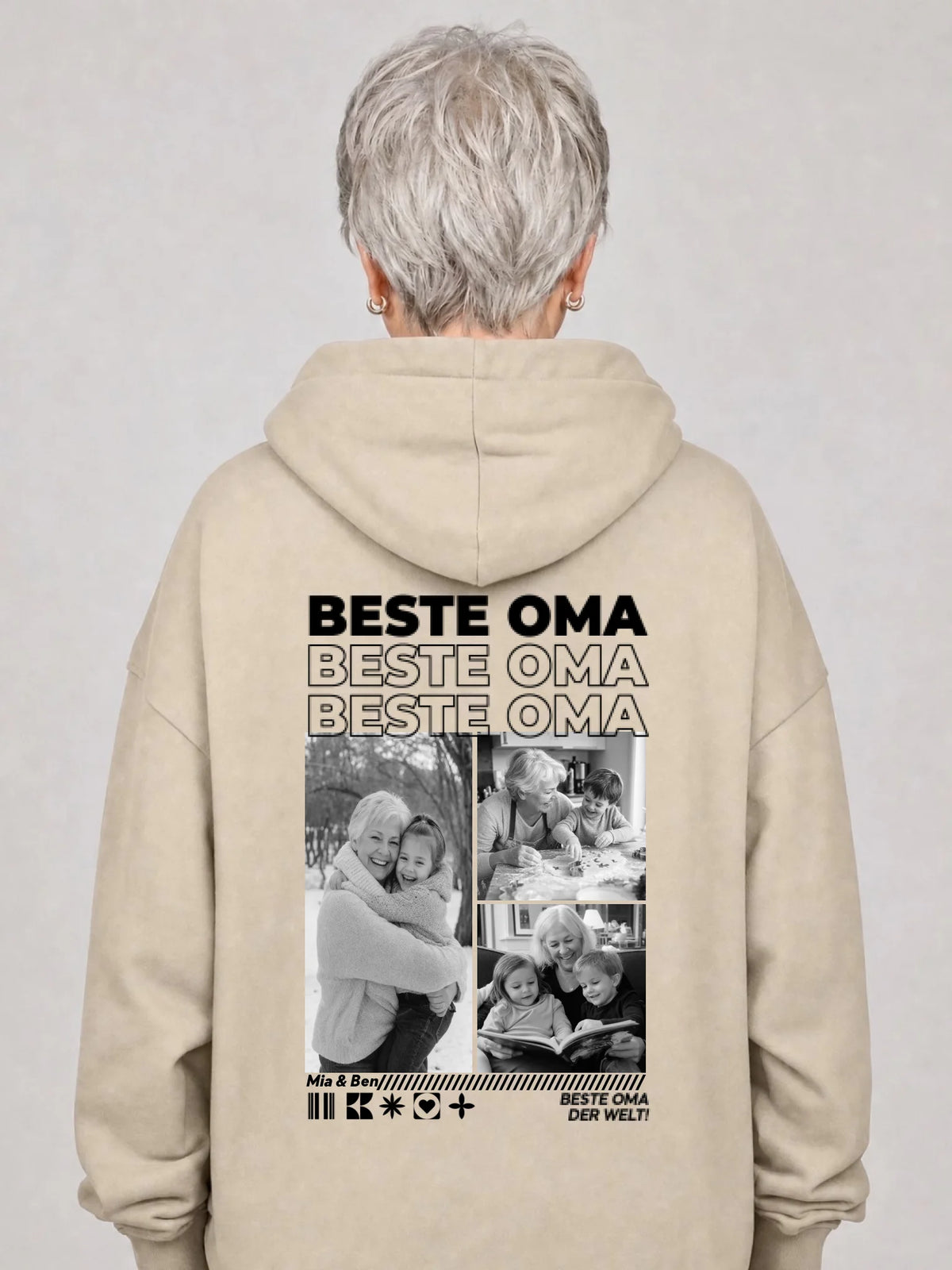 Oma Hoodie mit Enkel-Fotos – sand