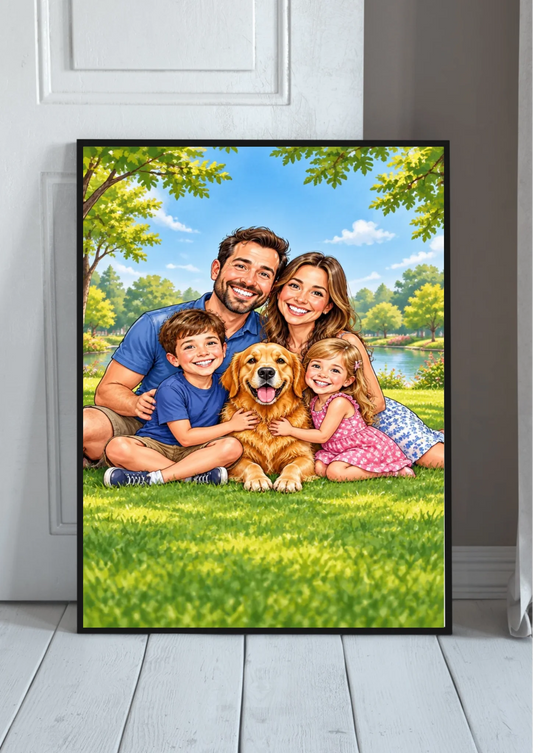 Familienposter Karikatur nach Foto – Personalisiert mit Familiennamen