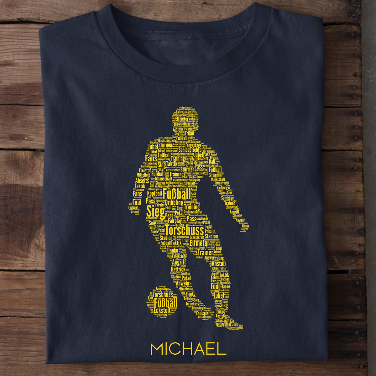 Fußball Star T-Shirt mit Namen – goldener Spieler-Aufdruck in Navy