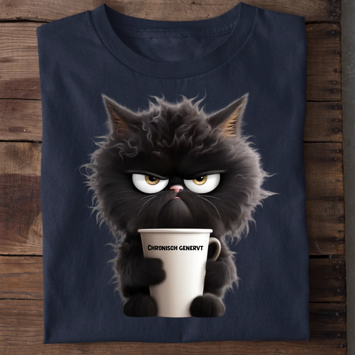 Grumpy Cat T-Shirt personalisiert – Katze mit Kaffeetasse in Navy