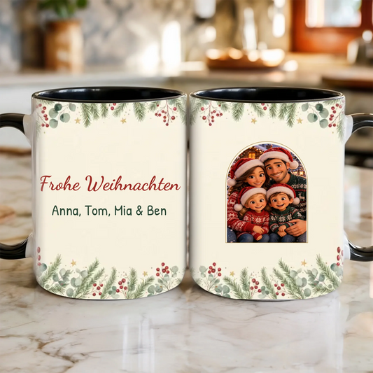 Weihnachts-Familientasse nach Foto – 3D-Stil mit Weihnachtsmützen