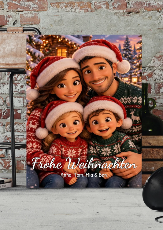 Weihnachts-Familienbild auf Leinwand nach Foto – 3D-Familie mit Weihnachtsmützen vor Backsteinwand