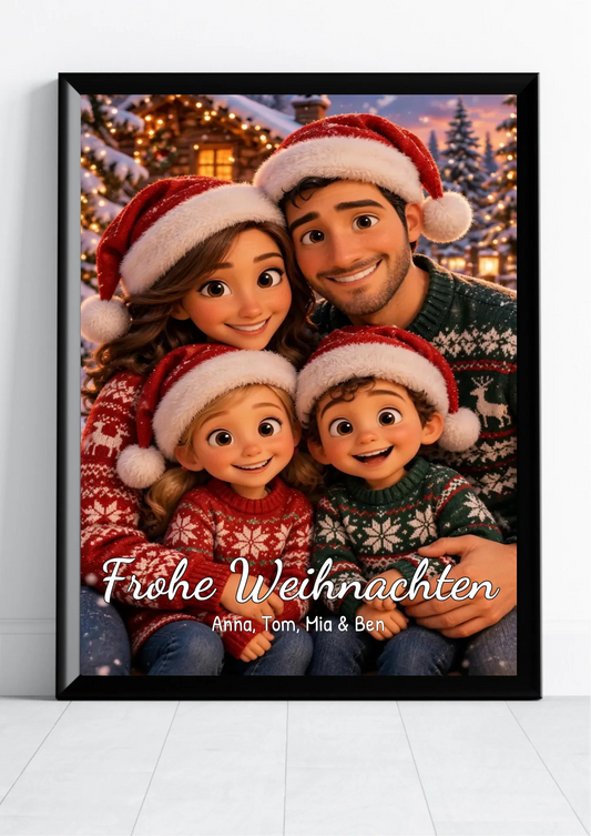 Weihnachts-Familienposter nach Foto – 3D-Familie mit Weihnachtsmützen im schwarzen Rahmen