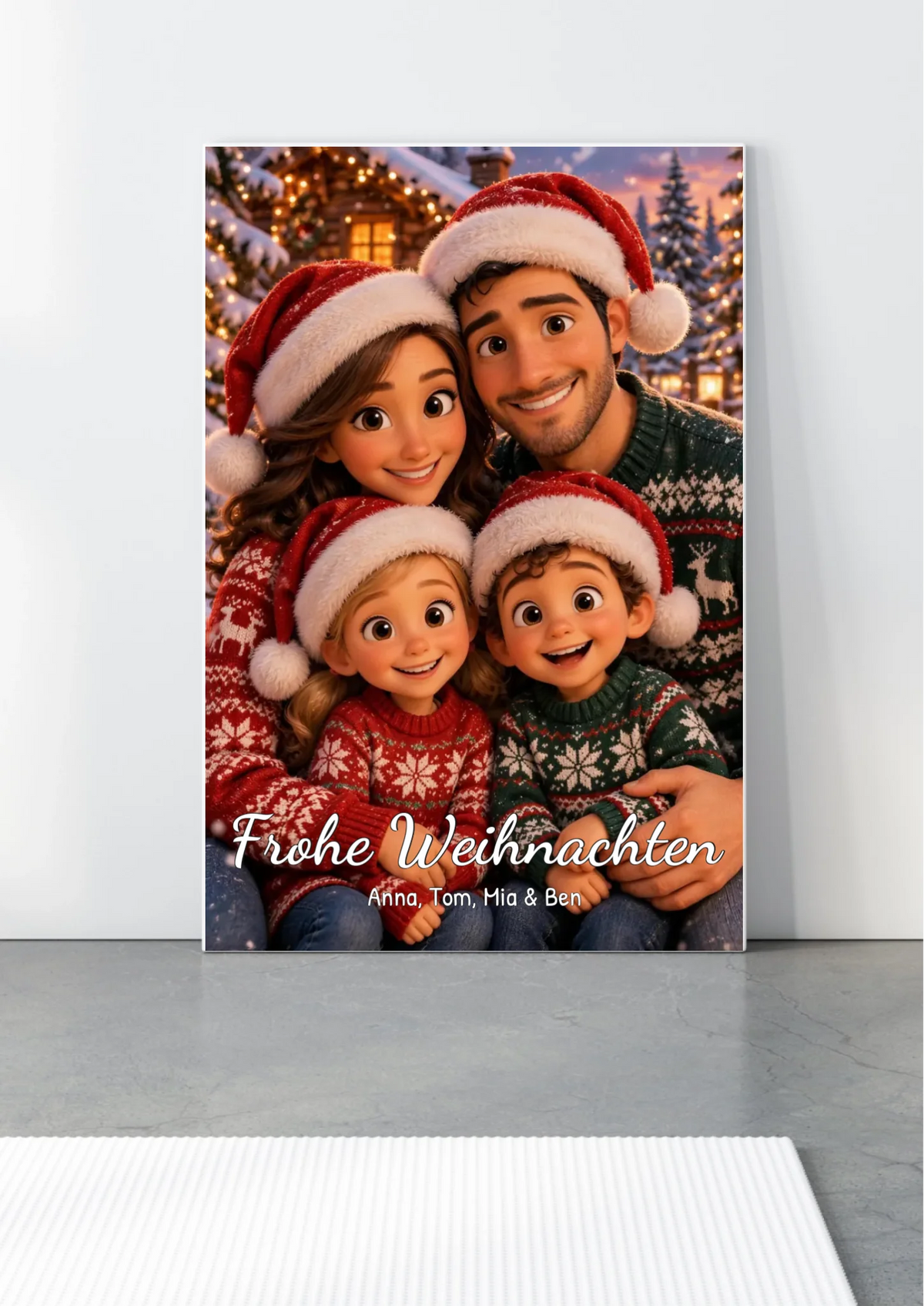 Weihnachts-Familienbild auf Leinwand nach Foto – 3D-Stil mit Weihnachtsmützen