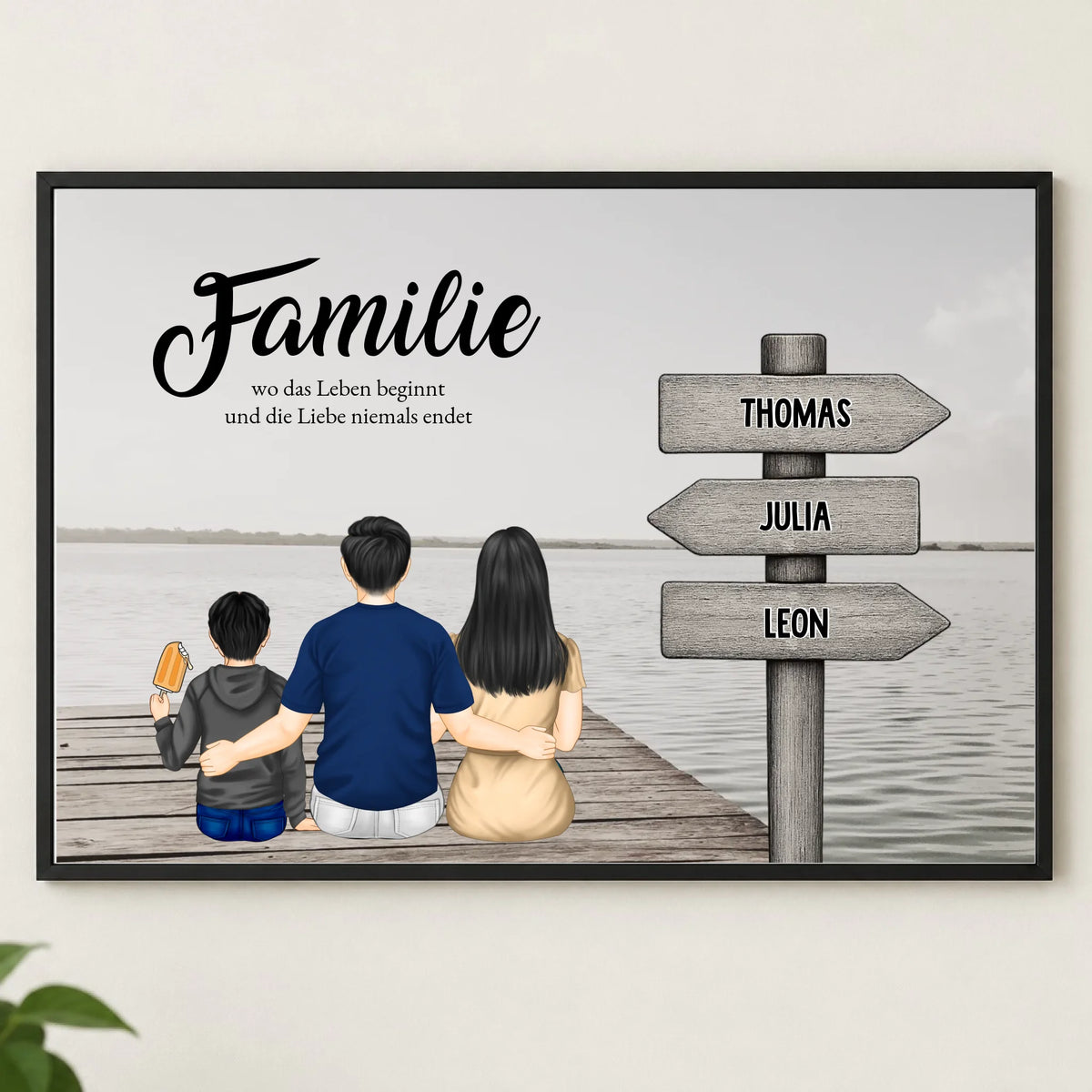 Familienposter am Steg mit Wegweiser – personalisiert