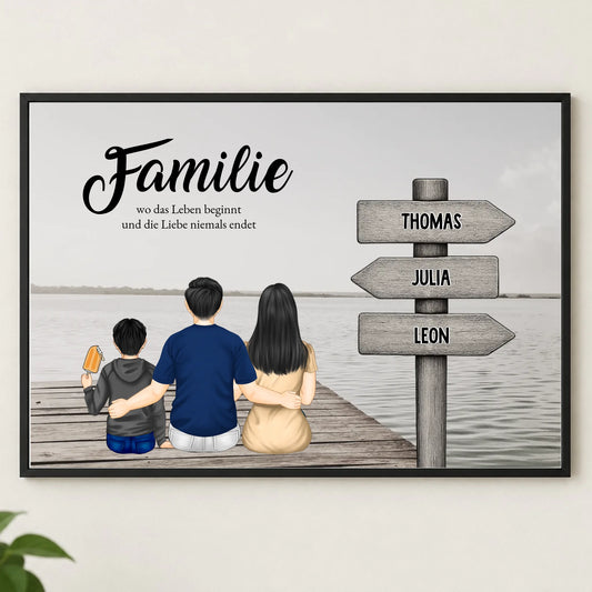 Familienposter am Steg mit Wegweiser – personalisiert, im schwarzen Rahmen