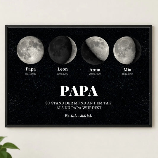 Mondphasen Poster für Papa personalisiert – vier Monde mit Namen und Geburtsdaten im schwarzen Rahmen