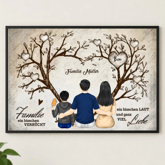 Familienposter Herzbaum – personalisiert, im schwarzen Rahmen
