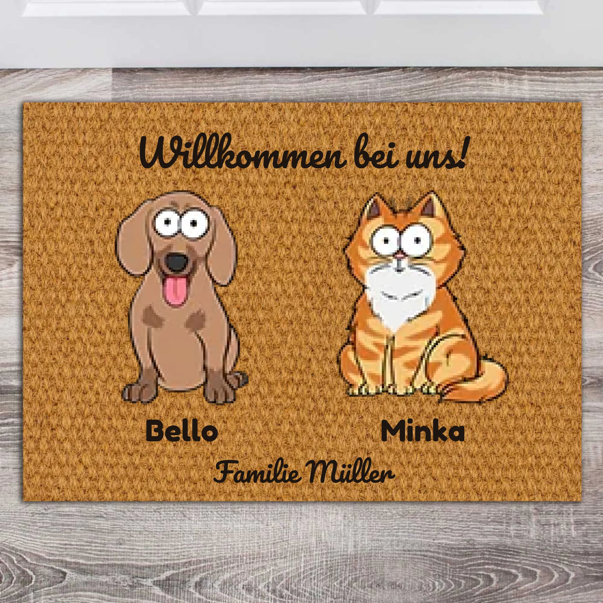 Personalisierte Hunde & Katzen Fußmatte mit Rasse und Namen vor der Haustür