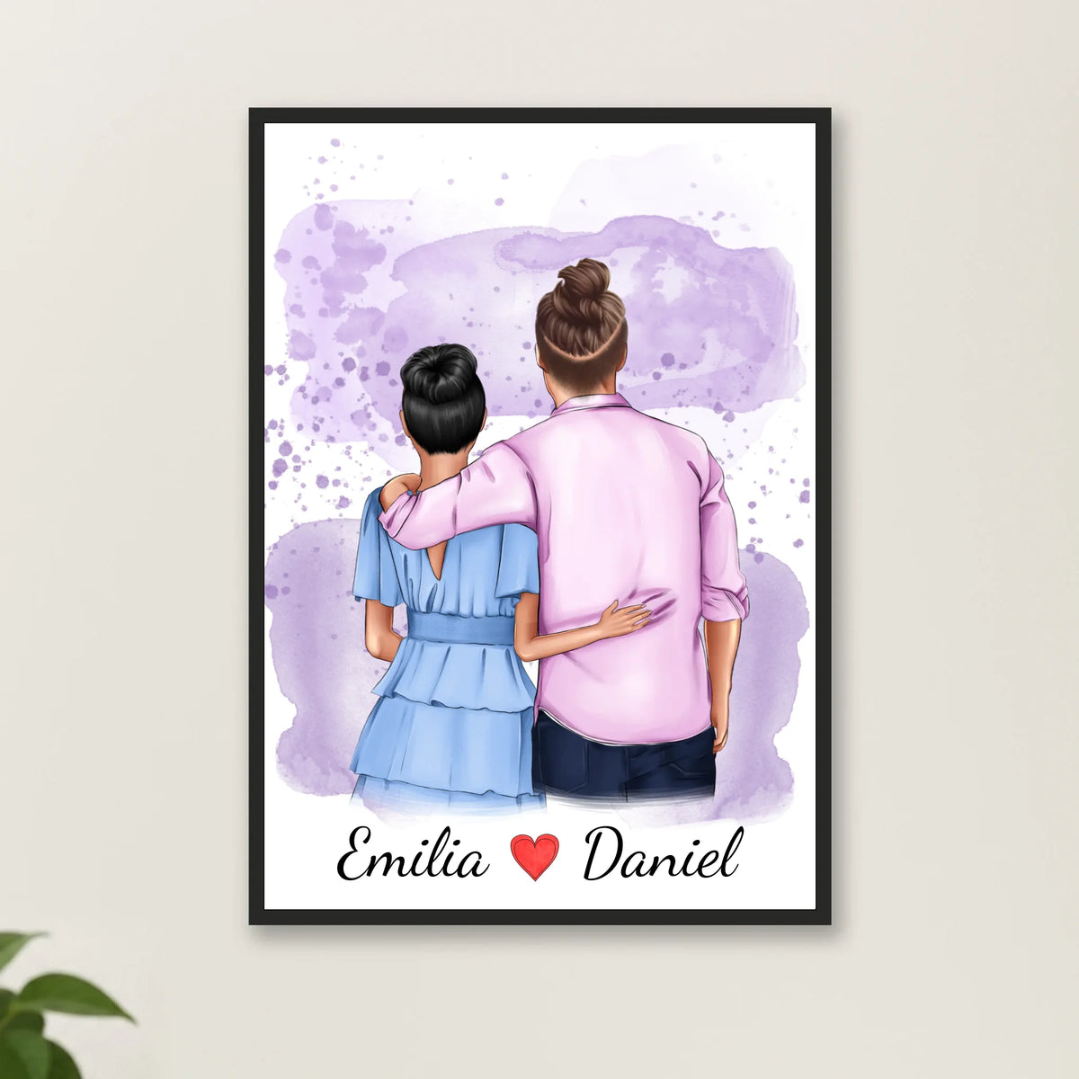 Pärchen Poster personalisiert – im schwarzen Rahmen an heller Wand