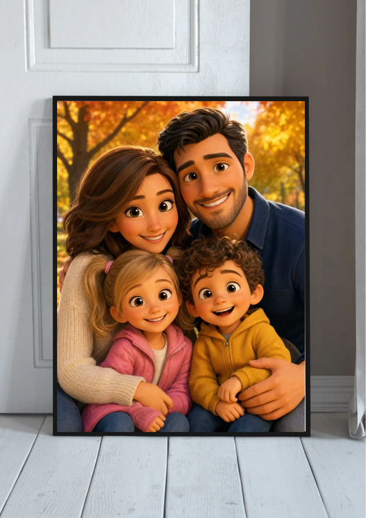 Familienposter im 3D-Animationsstil nach Foto – Cartoon Portrait personalisiert, 2 KI-Stile
