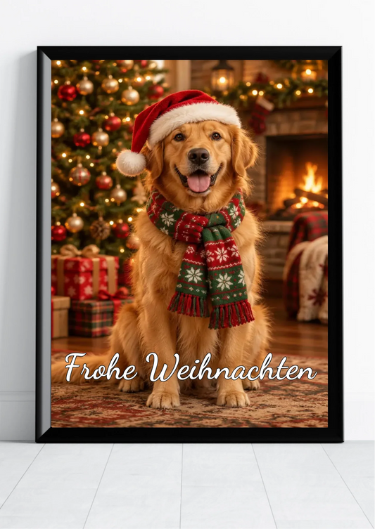 Weihnachtsposter Haustier nach Foto – Hund mit Weihnachtsmütze und Schal im schwarzen Rahmen