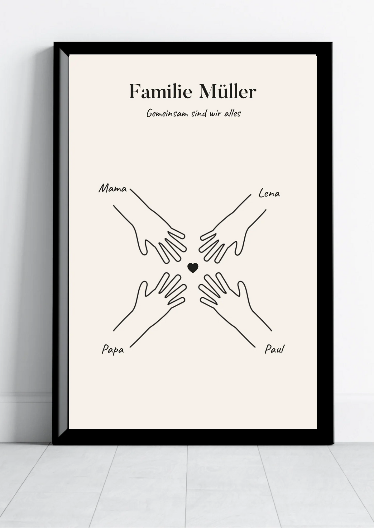 Personalisiertes Familienposter mit Händen und Namen im schwarzen Rahmen
