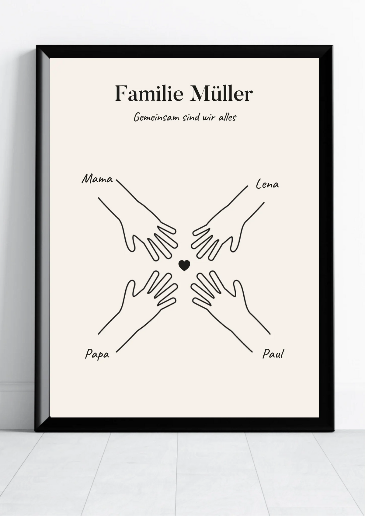 Familienposter Line Art mit vier Händen, Familienname und Herz
