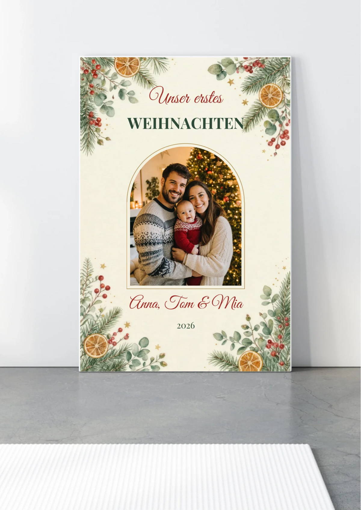 Unser erstes Weihnachten Leinwand mit Foto und Namen – angelehnt, seitliche Ansicht des Keilrahmens