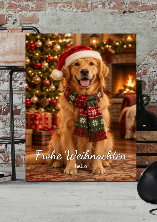 Haustier Weihnachts-Leinwand personalisiert – Hund mit Weihnachtsmütze und Schal vor Tannenbaum, vor Backsteinwand
