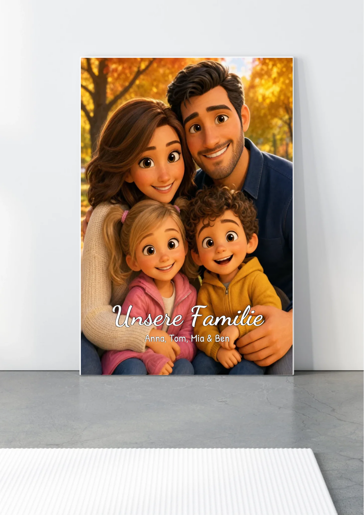 Familien-Leinwand im 3D-Animationsstil mit Foto und Namen – angelehnt, seitliche Ansicht des Keilrahmens