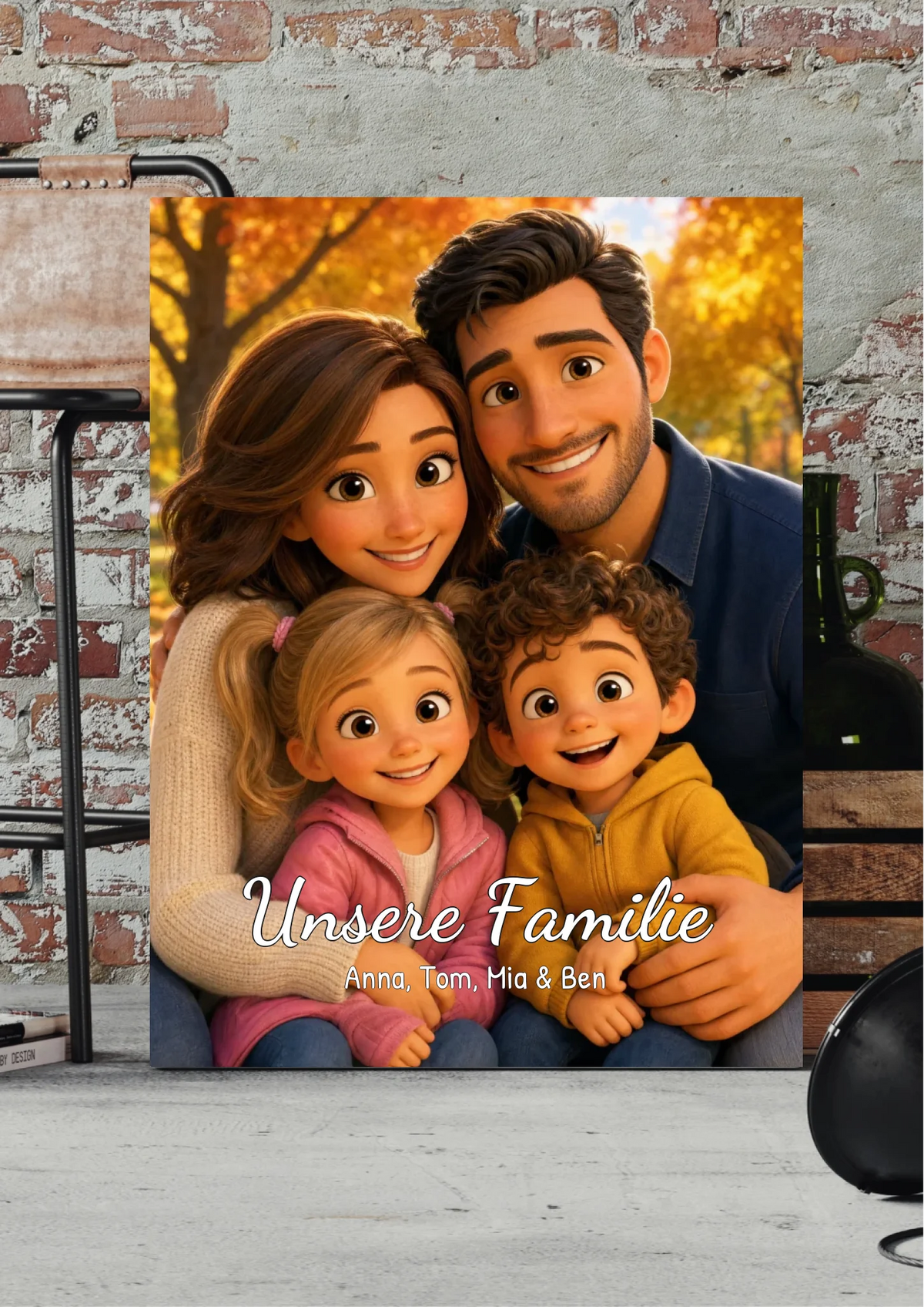 Familien-Leinwand im 3D-Animationsstil personalisiert – Cartoon-Familie mit Schriftzug Unsere Familie, vor Backsteinwand