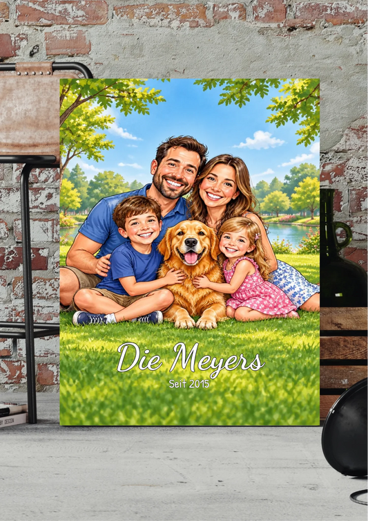 Familien-Karikatur Leinwand personalisiert – Familie mit Hund im Park und Familienname, vor Backsteinwand
