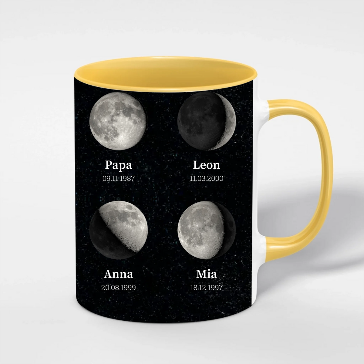 Mondphasen Tasse für Papa personalisiert – Innenfarbe Gelb