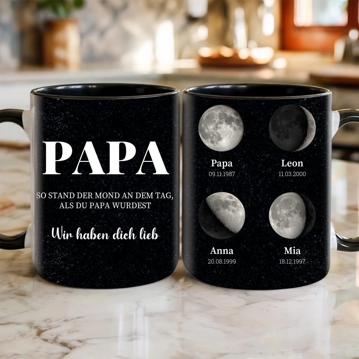 Personalisierte Mondphasen Tasse für Papa mit Namen und Geburtsdaten der Kinder