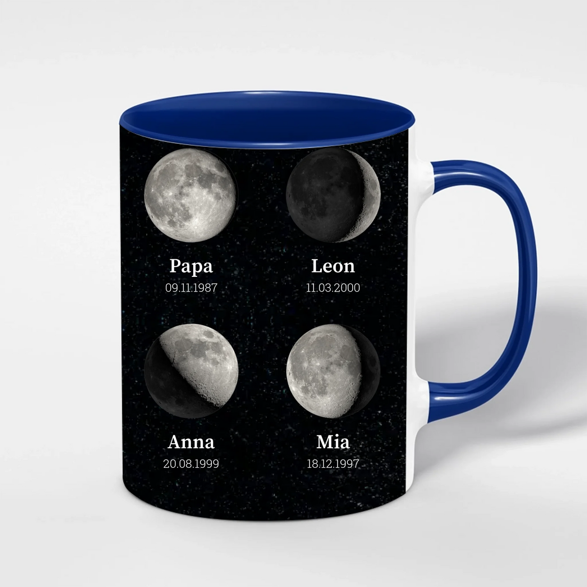 Mondphasen Tasse für Papa personalisiert – Innenfarbe Blau