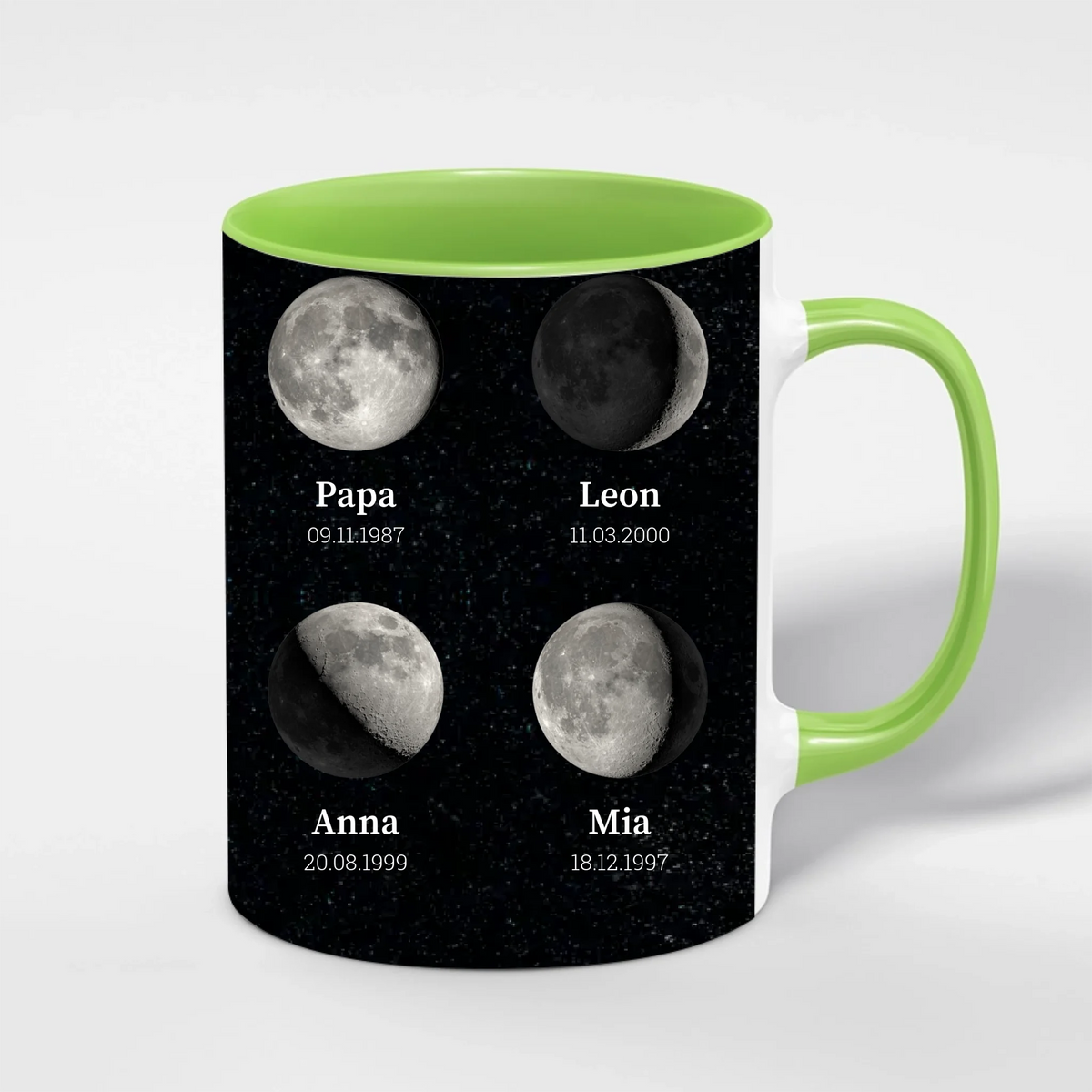 Mondphasen Tasse für Papa personalisiert – Innenfarbe Grün