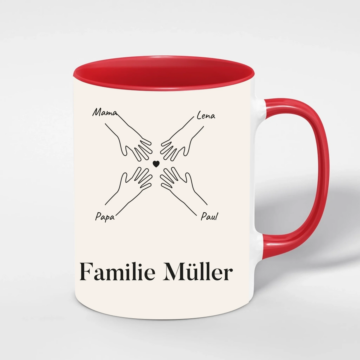 Familienhände Tasse personalisiert – Innenfarbe Rot